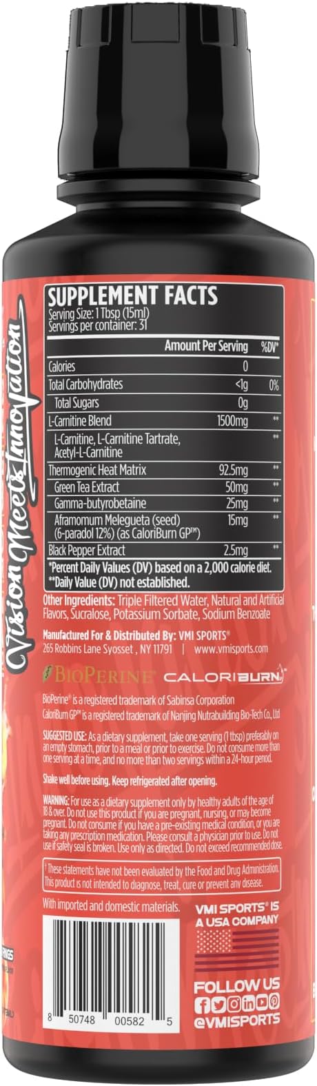 VMI Sports L-Carnitine 1500 Heat Stimulant Free Thermogenic Metabolic Support & Fat Loss for Men & Women | 1500mg L-Carnitine | Convenient Liquid (Peach Mango)