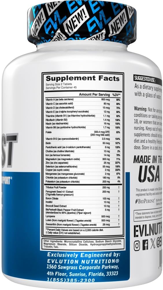 Evlution Nutrition VitaTest - Vitamins + Testosterone Support - Key Vitamin + Mineral Support - Men’s Daily Nutrient & Testosterone Support - Bone, Eye & Immune Support - 45 Servings - 90 Tablets