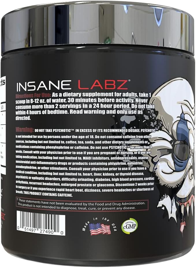 Insane Labz Psychotic Test, High Stim Testosterone Energy and Pump Boosting Pre-Workout Powder with DMAE Bitartrate, D Aspartic Acid, Creatine HCL and Glycerol Monostearate, 30 Servings, Lemon Lime