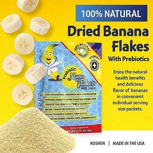 NuNutritional Designs, Prebiotic Nana Flakes with Inulin, 100% Pure Banana Flakes, Gut Health, High Protein & Fiber, Natural Diarrhea Remedy, IBS Relief, for Adults & Kids 4+ (100 Single-Serve Packs)