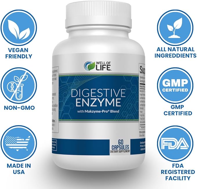 Well of Life Digestive Enzyme: 700mg, 60 Vegetarian Capsules, Enhance Digestive Health, Nutrient Absorption & Gut Health, Lactobacillus, Bromelain, Papain & More, All-Natural, Vegan, Made in USA