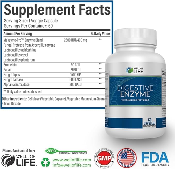 Well of Life Digestive Enzyme: 700mg, 60 Vegetarian Capsules, Enhance Digestive Health, Nutrient Absorption & Gut Health, Lactobacillus, Bromelain, Papain & More, All-Natural, Vegan, Made in USA
