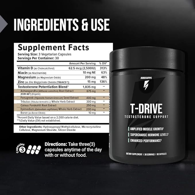 InnoSupps : T-Drive | Testosterone Booster | Amplify Muscle Growth | KSM-66 Ashwagandha, Boron, Fenugreek | 90 Capsules