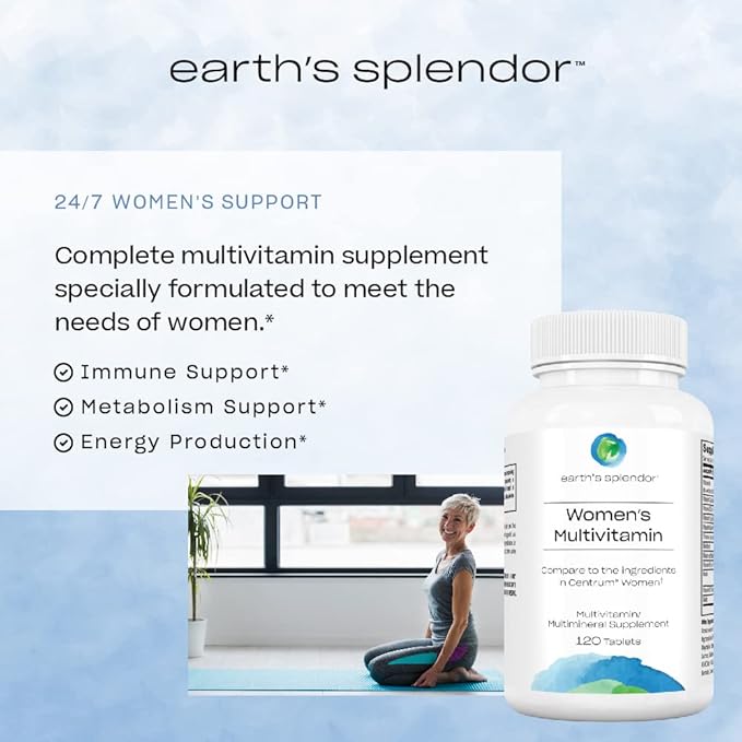 Earth's Splendor Women's Multivitamin, Overall Wellness Support, Multimineral Supplements, Helps Support Metabolism, Vitamin B12, Vitamin A, C, D, E, K, B6, Biotin (120 Immune Support Tablets)