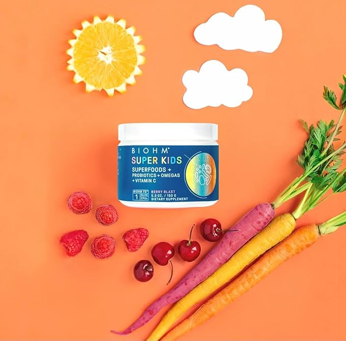 BIOHM Super Kids Superfood Powder + Probiotics - Delicious Berry Blast - 30 Servings - Beneficial Antioxidants & Omega-3 - Gluten Free, GMO Free, Dairy Free, No Artificial Ingredients, Vegetarian