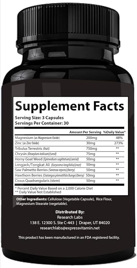 Pharmacist Recommended 2 fer 1 Offer 180ct Testosterone Booster Enhancement by Research Labs. Increase Lean Muscle Energy Strength. Saw Palmetto, Tribulus, Tongkat Ali, Horny Goat Weed, Zinc