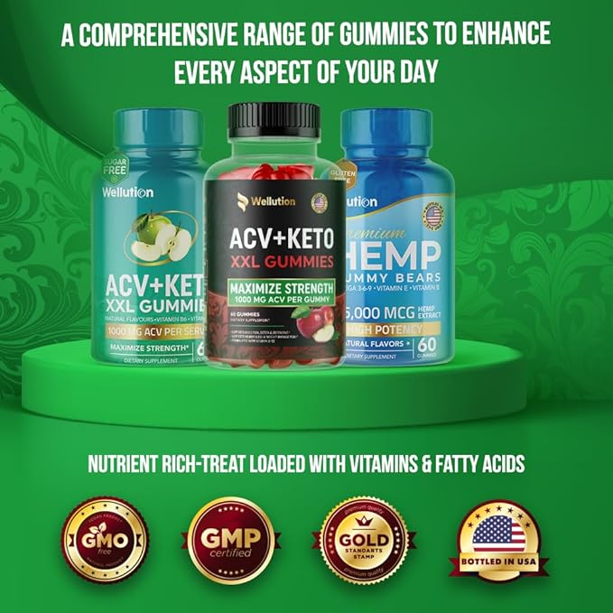 WELLUTION XXL Keto ACV Gummies: 1,000 mg, Sugar-Free, 60 Count, Aiding Digestion & Detox, Boosting Metabolism, Weight Loss Support, Apple-Flavored for Men & Women