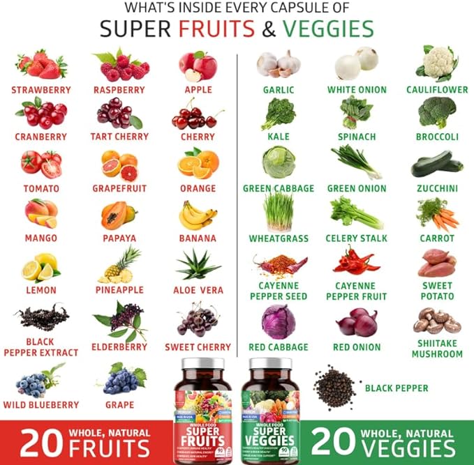 4-Pack N1N Premium Super Fruits & Veggies Supplement, 360 Caps, Whole Food & Natural Superfood for Women, Men & Kids - Packed with Aloe Vera, Vitamins & Minerals, Better Than Multivitamins,100% Vegan