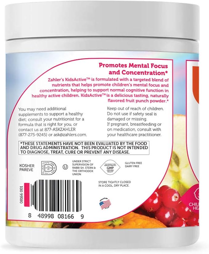 Zahler KidsActive, Kids Concentration Formula Powder, All Natural Children’s Supplement Supporting Focus, Certified Kosher, 30 Servings Fruit Punch Flavored Powder