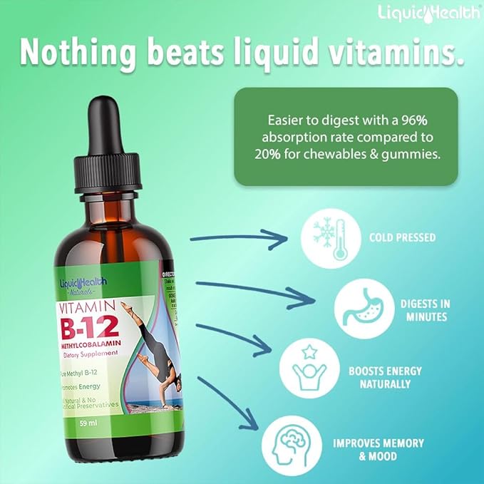LIQUIDHEALTH Vitamin B12 Methylcobalamin Liquid Drops with Sublingual Hydroxocobalamin - Boost Energy, Support Immune System, Improve Memory & Concentration - Vegan, Sugar Free, Non-GMO (2 Pack)