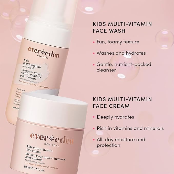 Evereden Happy Kids Skin & Lips Routine - Multi-Vitamin Kids Face Wash & Kids Face Cream & Tinted Lip Oil Set - Clean & Vegan Skin Care for Kids 3+ - Moisturizing, Nourishing, & Protective Kids Skin