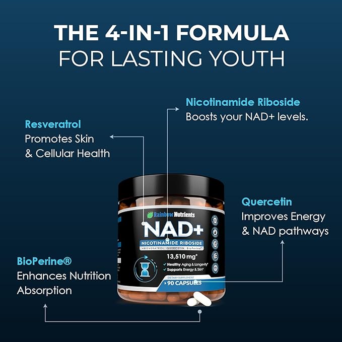 13,510mg NAD+ Supplement- Nicotinamide Riboside, Resveratrol, Quercetin & BioPerine® (High Absorption)- Liposomal NAD Booster for Anti-Aging, Cellular Energy, Skin- For Women & Men- 90 V Capsules