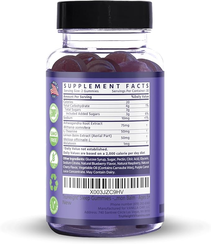 TruHeight Sleep Gummies - Kids & Teen Natural Sleep Aid for Growth & Development - Endorsed by Pediatricians - Kids Melatonin Gummy - Melatonin, Ashwagandha, L Theanine, Lemon Balm, Ages 4+