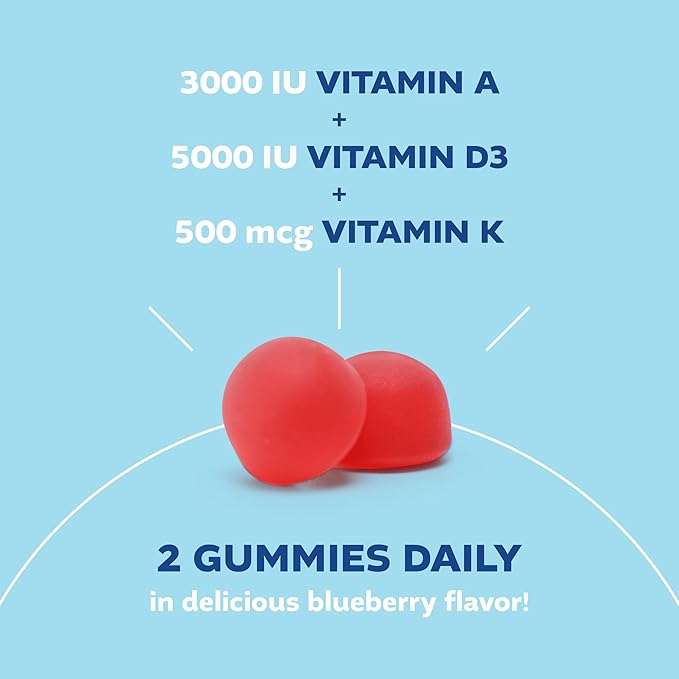 Vitamins ADK Gummies - Vitamin A D3 K2 Supplement - A 3000 iu, D3 5000 iu, K2 500mcg for Immune, Joint, Bone, Heart, Vision Health - Kids, Adults, Women - 60 Count Blueberry Flavor