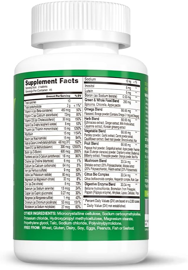 Whole Food Multivitamin for Men Women - with 65+ Vitamins, Minerals, Organic Nature Powder & Extracts - Whole Food Supplement for Energy, GUT, immune Health - All Natural, Non-GMO 90 Vegan Tablets