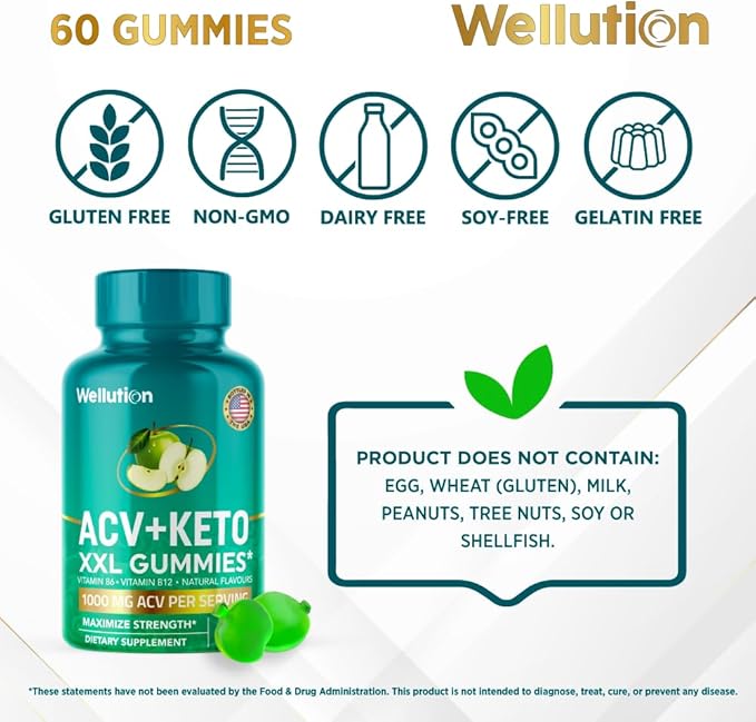 WELLUTION XXL Keto ACV Gummies: 1,000 mg, Sugar-Free, 60 Count, Aiding Digestion & Detox, Boosting Metabolism, Weight Loss Support, Apple-Flavored for Men & Women