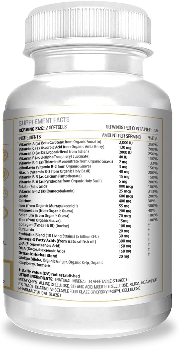 ACTIF Organic Multivitamin for Women Age 70+ with 20+ Advanced Factors and Omega-3, Non-GMO, Made in USA, 90 Count