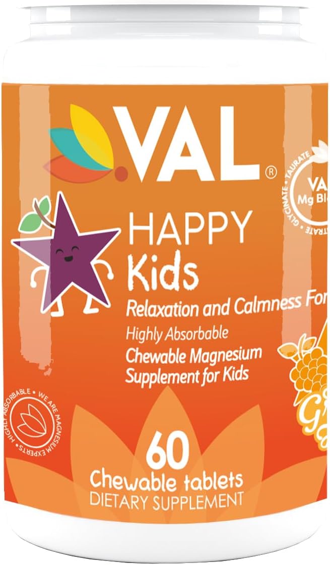 VAL Chewable Magnesium for Kids, Relaxation and Calm Formula, Glycinate, Citrate, Taurate, Vitamin B6, D, C, Natural Star Grape Flavor, Sugar Free, Gluten Free, Non-GMO, 60 Chewable Tablets