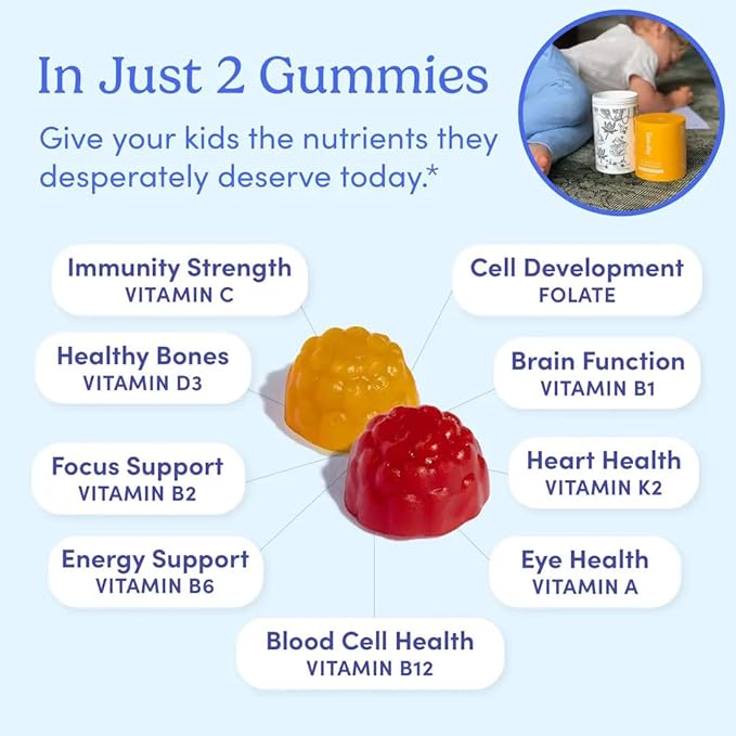 FIRST DAY Kids Daily Multivitamin Gummies – Vitamin A, D3, B6, B12, C, K2 & More to Support Growth, Brain Function, Immunity – Made w/Organic Fruits & Veggies, Only 2g Sugar – 2-Pk, 60 Day Supply