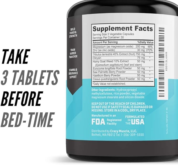 Crazy Muscle Testosterone Booster for Men and Women (over 1,300mg per capsule) to Increase Low Testosterone Levels by Crazy Muscle - Reverse The Effects of Low Test on Muscle and Fat - 90 Pills
