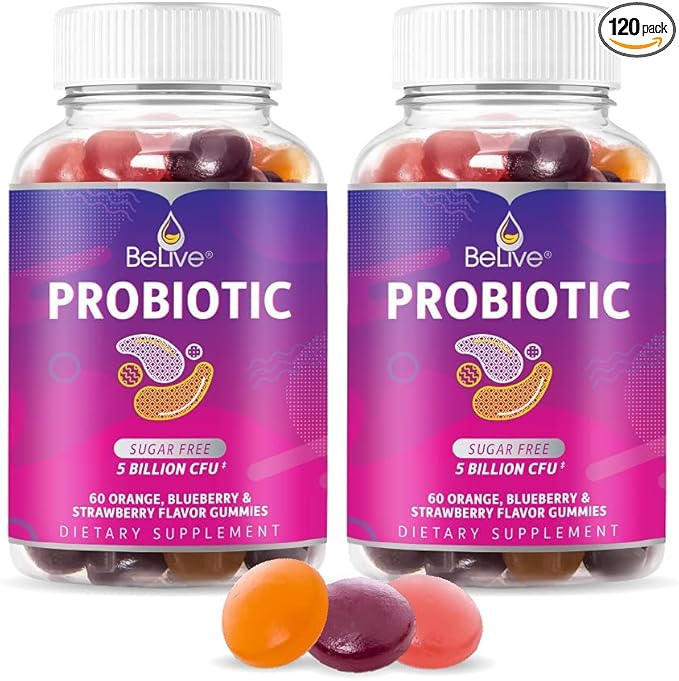 BeLive Probiotic Gummies - Probiotics with 5 Billion CFUs for Digestive Health, Men, Women & Kids Probiotic Supplements for Immune Support, Sugar Free & Vegan – Blueberry, Strawberry & Orange | 2-Pack