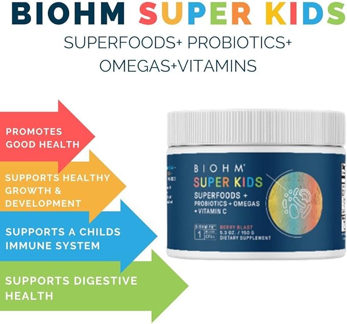 BIOHM Super Kids Superfood Powder + Probiotics - Delicious Berry Blast - 30 Servings - Beneficial Antioxidants & Omega-3 - Gluten Free, GMO Free, Dairy Free, No Artificial Ingredients, Vegetarian