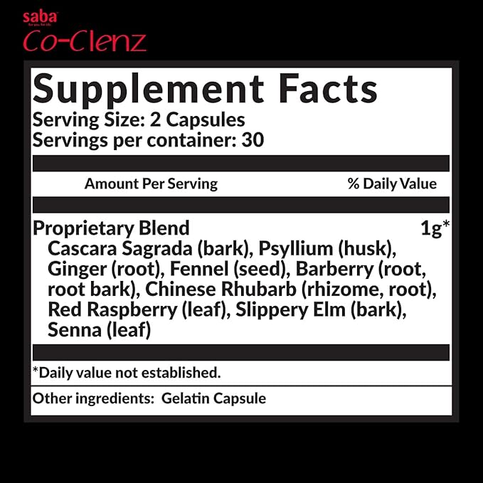 Saba Co-Clenz - 5 Day Cleanse for Men & Women-Supports Healthy Bowel Movements- Detox, Colon Health, Helps Constipation -30 Capsules,