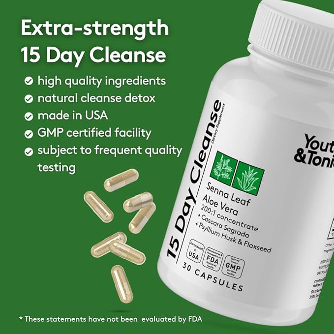 Youth & Tonic 15 Day Cleanse: Gut Health and Colon Detox to Break The Plateau, Helps with Belly Bloat, Regularity, and for Feeling Lighter and More Energized for Men & Women, Made in USA, 30 Pills