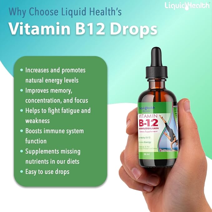 LIQUIDHEALTH Vitamin B12 Methylcobalamin Liquid Drops with Sublingual Hydroxocobalamin - Boost Energy, Support Immune System, Improve Memory & Concentration - Vegan, Sugar Free, Non-GMO (2 Pack)