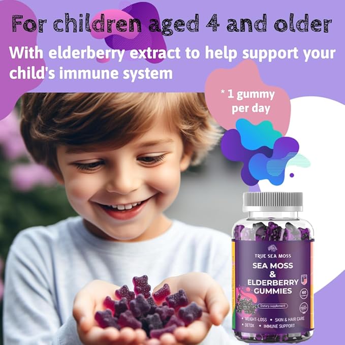 Natural Sea Moss Gummies with Elderberry for Adults & Kids, Contains Irish Sea Moss, Elderberry Extract, Burdock Root, Bladderwrack, 60 pcs Gel Gummies for Immune Support, Energy, Pack of 2