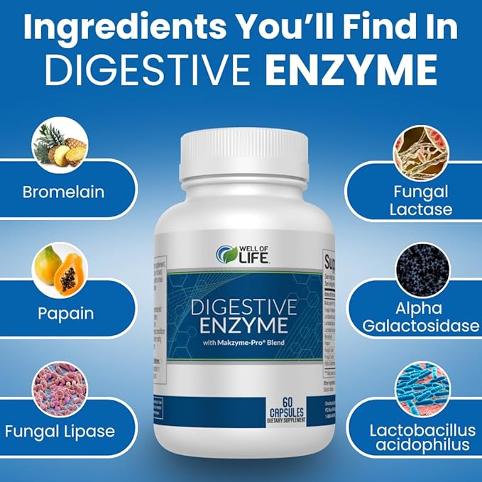 Well of Life Digestive Enzyme: 700mg, 60 Vegetarian Capsules, Enhance Digestive Health, Nutrient Absorption & Gut Health, Lactobacillus, Bromelain, Papain & More, All-Natural, Vegan, Made in USA