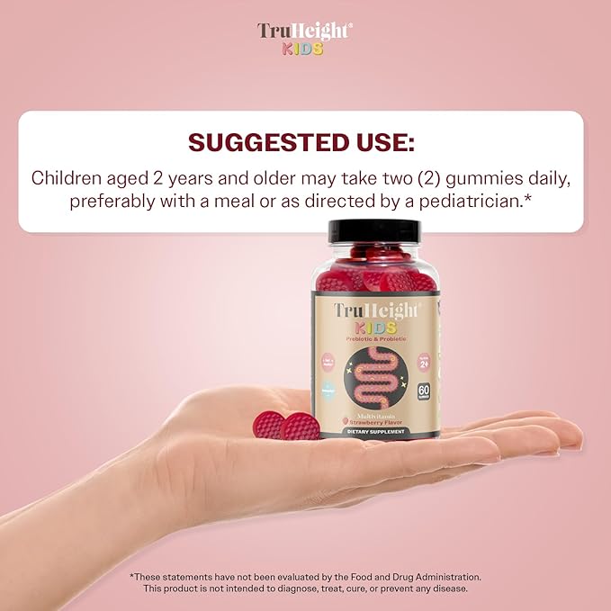 TruHeight Kids Prebiotic & Probiotic Gummies Ages 2+ (Strawberry Flavor) Toddlers & Kids All Natural Supplement for Digestive Health - Endorsed by Pediatricians - Gut & Immune Support, Vegan Vitamins