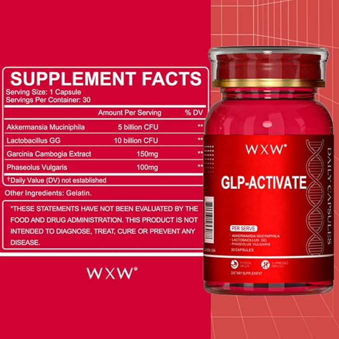 WXW GLP-1 Supplement, GLP Activate, GLP1 Supplements Naturally Support with Akkermansia Probiotic, Lactobacillus GG for Metabolism Gut Health, 30 Capsules