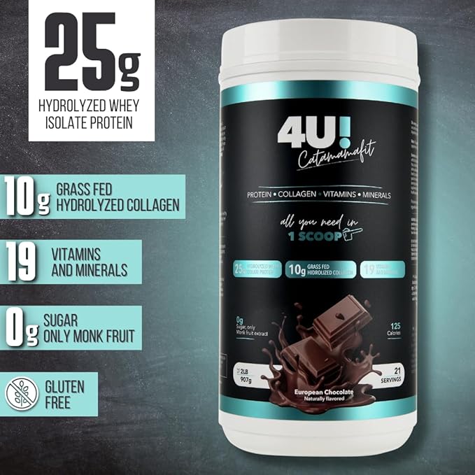 4U! Chocolate Protein Powder, 25g Hydrolyzed Whey Isolate, 10g Hydrolyzed Collagen, 19 Vitamins & Minerals, No Sugar, Gluten Free, 2 lbs (907g)