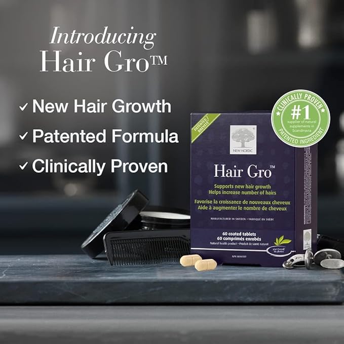 NEW NORDIC Hair GRO, Hair Growth Supplement, Biotin & Palm Fruit Extract Tocotrienols for Natural Regrowth, for Men and Women, 60 Count (Pack of 3)