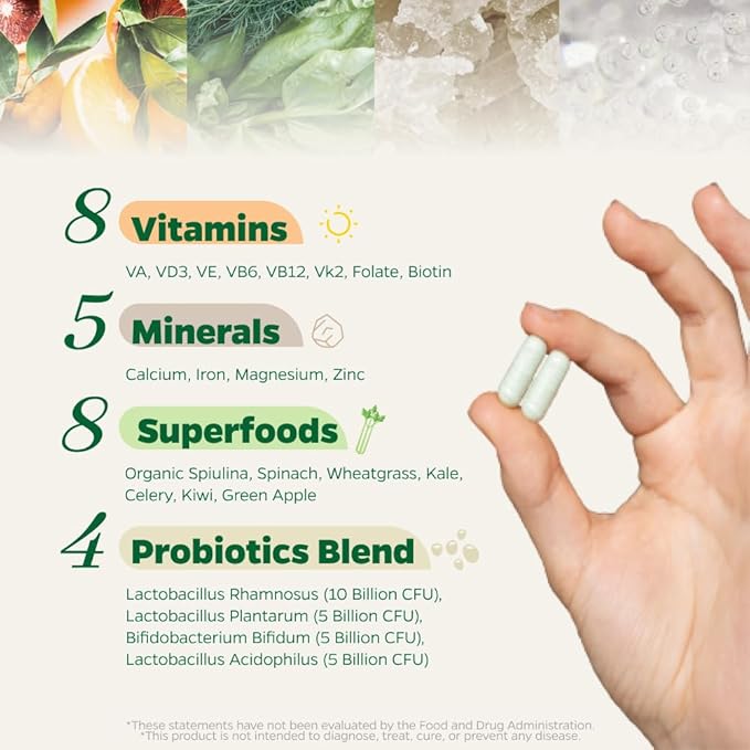 Zenkgo Multivitamins + Organic Whole Foods+Probiotics for Women, Supports Immunity, Digestion, Energy, Gut Health, Vitamins A, E, B6, B12, Vegan D3, K2 (MK-7), Folate, Minerals, Superfoods(60Ct/30Day)