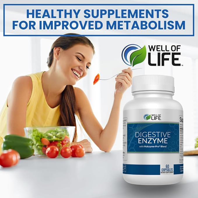 Well of Life Digestive Enzyme: 700mg, 60 Vegetarian Capsules, Enhance Digestive Health, Nutrient Absorption & Gut Health, Lactobacillus, Bromelain, Papain & More, All-Natural, Vegan, Made in USA
