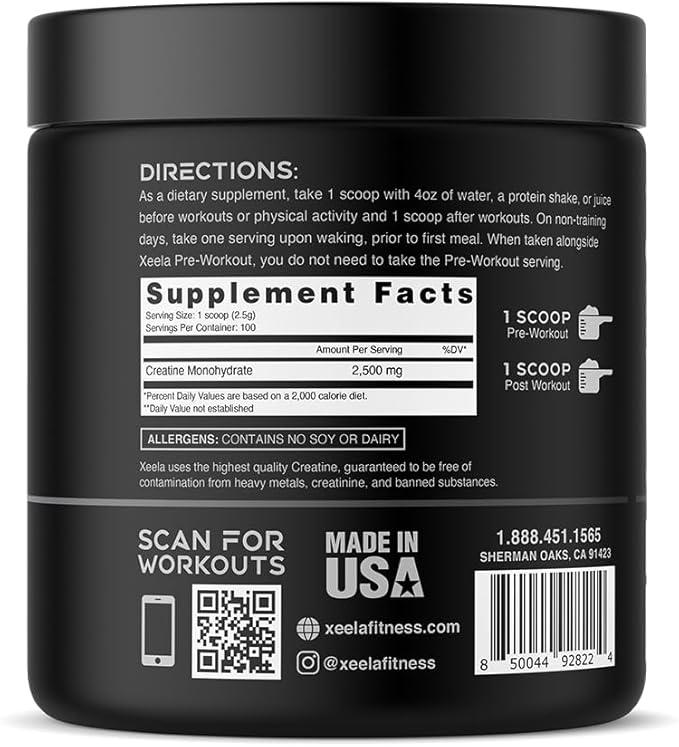 XEELA Creatine for Lean Muscle Gain, All Natural Creatine Powder for Men & Women with Creapure, Increase Strength & Power, Reduce Recovery Time(Unflavored, 100 Servings)