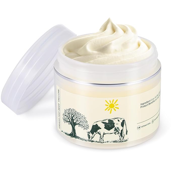 Beef Tallow for Skin, Grass Fed Organic Tallow Balm, Whipped Tallow Face Moisturizer, All-Natural Body Lotion for Dry Skin, Unscented Tallow Cream for Face and Body Care