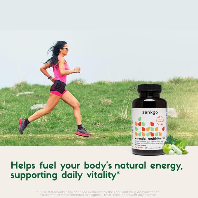 Zenkgo Multivitamins + Organic Whole Foods+Probiotics for Women, Supports Immunity, Digestion, Energy, Gut Health, Vitamins A, E, B6, B12, Vegan D3, K2 (MK-7), Folate, Minerals, Superfoods(60Ct/30Day)