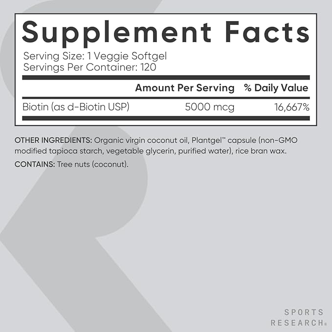 Sports Research Vegan Biotin 5000mcg with Organic Coconut Oil - Extra Strength Biotin Vitamin B7 for Healthier Hair & Skin + Keratin Support - Non-GMO & Gluten Free, 120 Softgels (4 Month Supply)