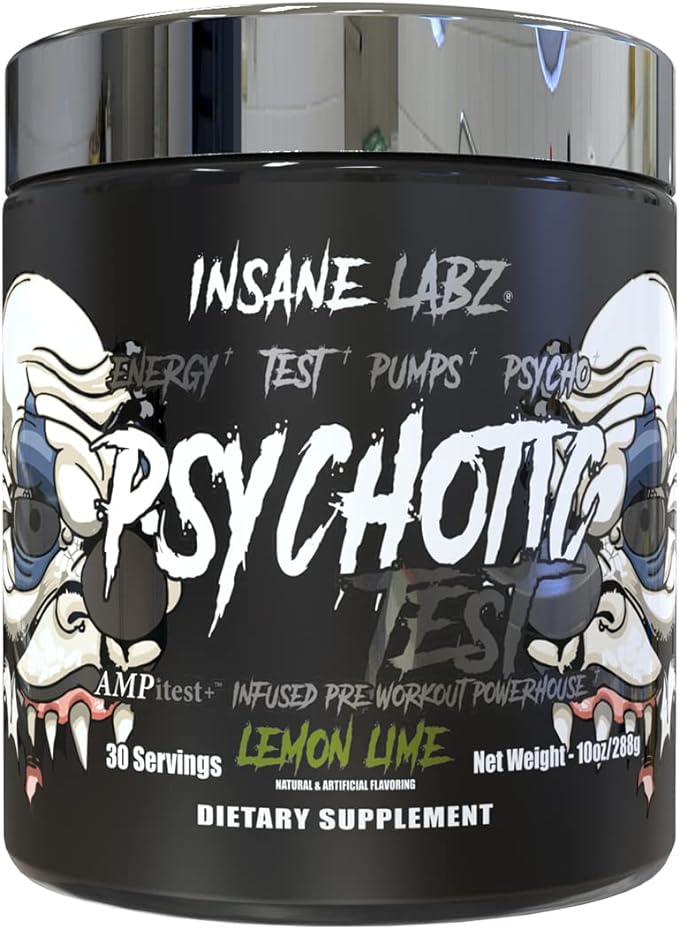 Insane Labz Psychotic Test, High Stim Testosterone Energy and Pump Boosting Pre-Workout Powder with DMAE Bitartrate, D Aspartic Acid, Creatine HCL and Glycerol Monostearate, 30 Servings, Lemon Lime
