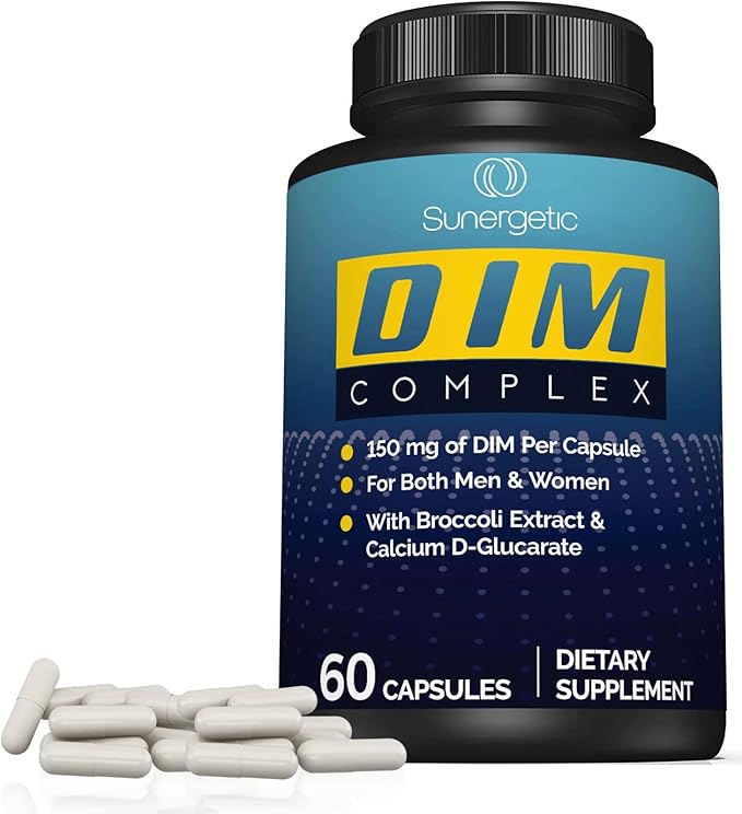 Sunergetic Premium DIM Supplement– 150mg DIM (diindolylmethane), Broccoli, Calcium D-Glucarate & Bioperine- DIM Capsules for Men & Women–DIM Complex for Menopause Support & Balance - 60 DIM Capsules