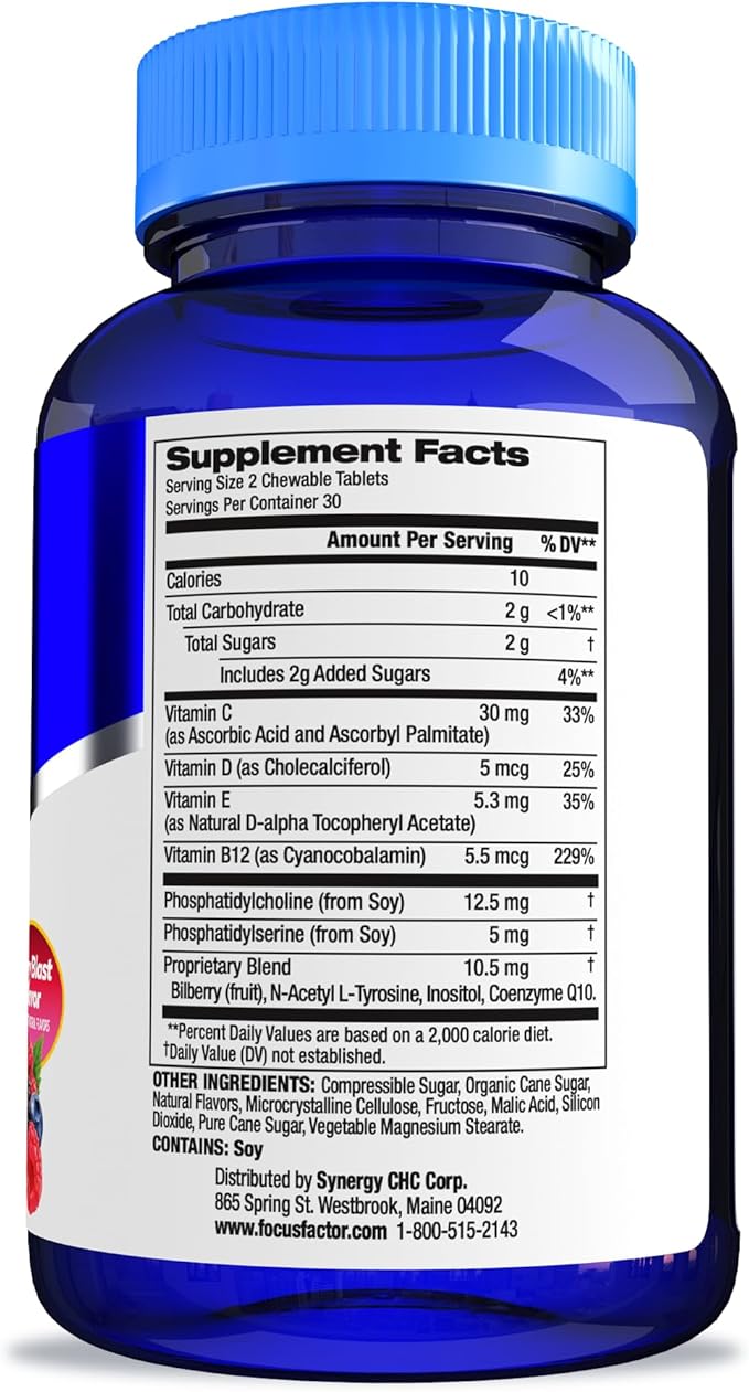 Focus Factor Kids Complete Daily Chewable Multivitamin & Neuro Nutrient Brain Function w/Vitamin B12, C, D3, Berry, 60 Count, Pack of 3