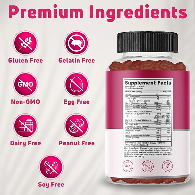 Beauty Multivitamins - Hair Skin and Nails Gummies with 6000mcg Biotin & PABA. Biotin Collagen Gummies w/ Daily Multivitamin for Women & Men. Hair Skin and Nails Vitamins, 30 Servings - Halal Vitamins