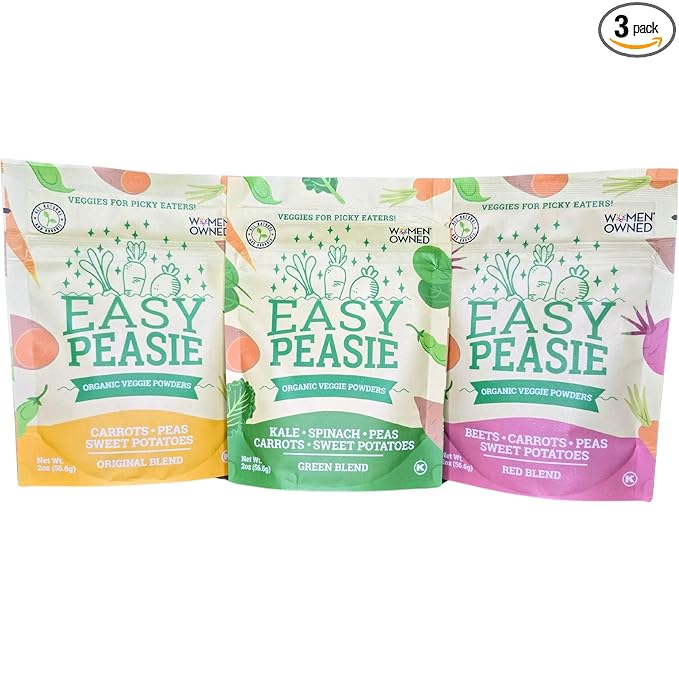Easy Peasie Organic Veggie Powder Blends for Kids and Picky Eaters | Hidden Vegetable Powder Additive for Meals and Smoothies (3-Pack Pouches: Green, Red, and Original - each 2 oz)