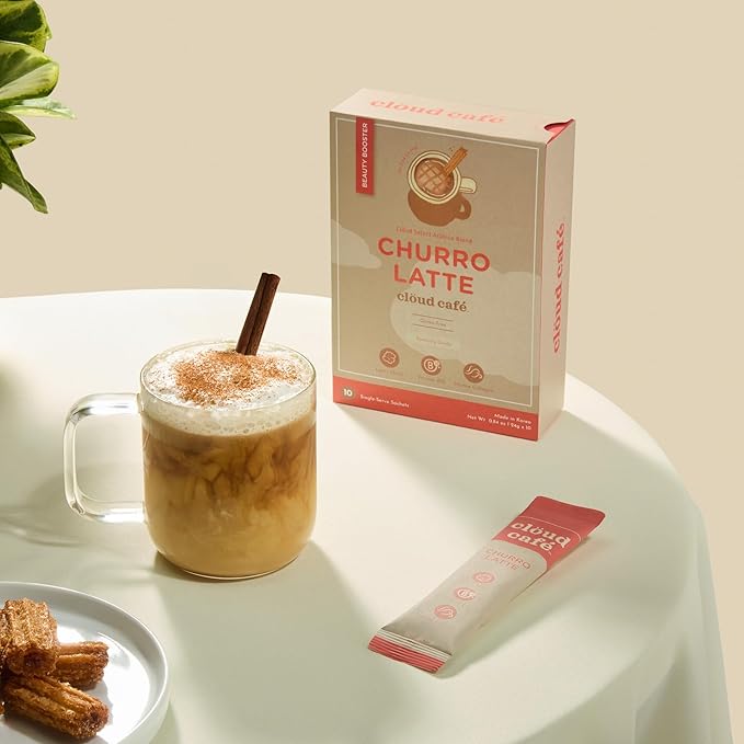 Collagen Infused Churro Latte Instant Coffee Packets - Vitamin B12, Marine Collagen, & Lions Mane Single Serve Instant Coffee (10 Sachets)