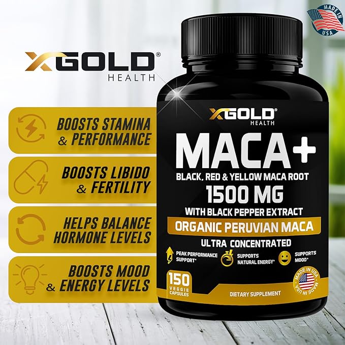 X Gold Health Organic Maca Root Powder Capsules 1500mg with Black | Red & Yellow Peruvian Maca Root Extract Gelatinized, Energy & Mood Supplement for Men & Women + Black Pepper for Best Benefits
