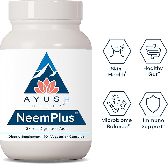 Ayush Herbs Neem Plus - Digestive Health for Women & Men, Gut Support Supplement for Stomach & Skin Health, Immune Support - 90 Vegetarian Capsules (1 Count)
