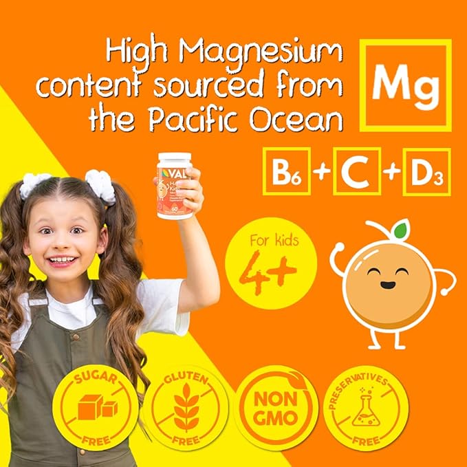VAL Chewable Magnesium for Kids, Relaxation and Calm Formula, Glycinate, Citrate, Taurate, Vitamin B6, D, C, Natural Orange Flavor, Sugar Free, Gluten Free, Non-GMO, 60 Chewable Tablets